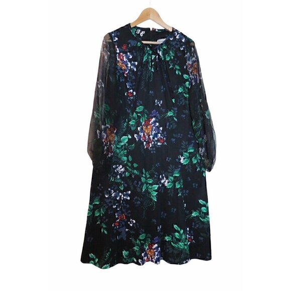 Vintage 70s Damon DD Polyester Floral Sheer Sleeves Hostess Dress L 8 10  0569 - Picture 1 of 6